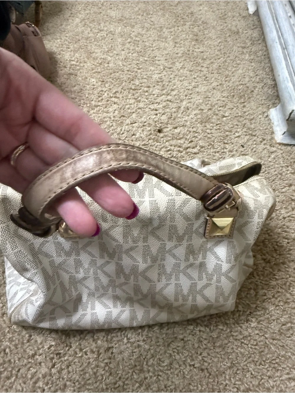 Michael Kors Cream Logo Satchel with Tan Leather Trim